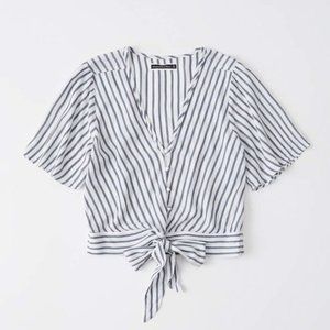 A&F Blue and White Striped Tie Front Top Blouse